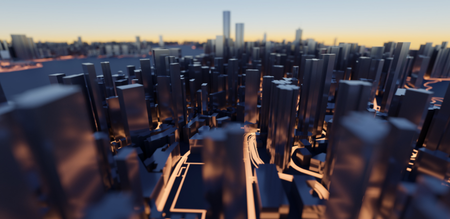 This is a computer generated image of blocks representing buildings in a city, with lines running below the blocks lighting up, representing an energy grid actively supplying the city with energy and power. 