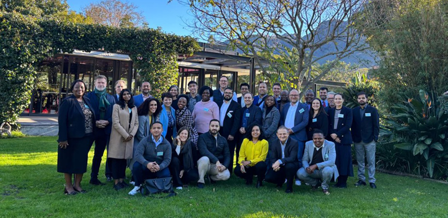 Participants of the G20 Sustainable Finance Working Group stand in a row on a grassy lawn.