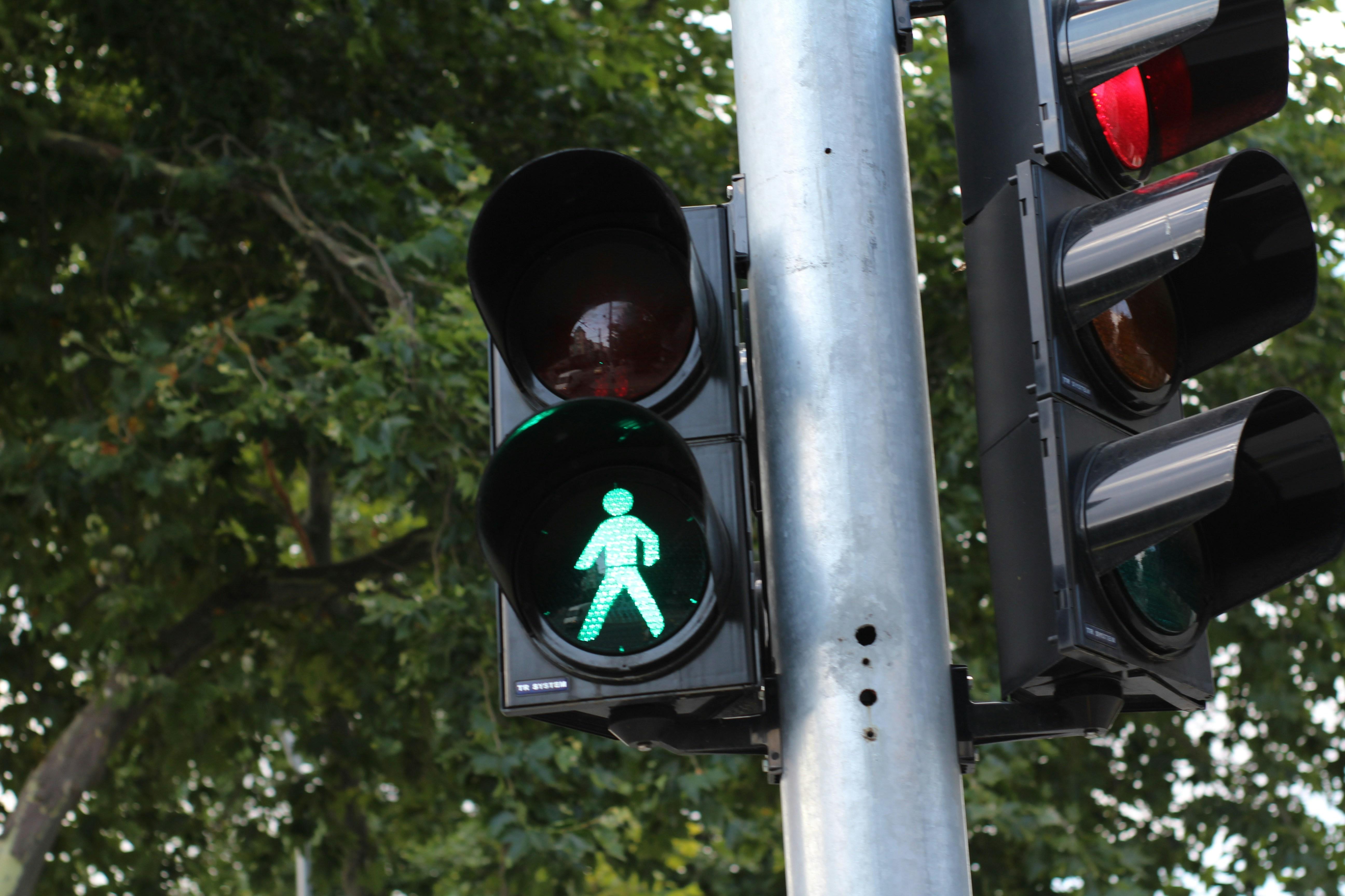 A traffic light signals that pedestrians can cross a road