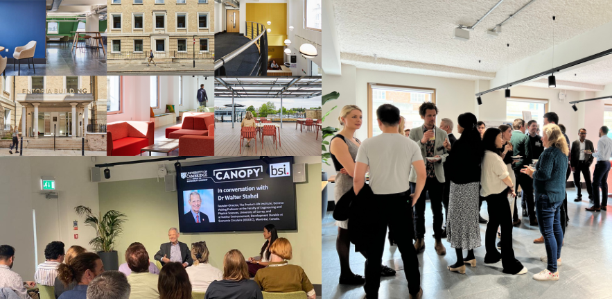 Innovation Services You can see a collage of moments in this photo, a crowd of people gathered in a forum discussing ideas and engaging with eachother. A seminar being hosted with Walter Stahel the founding father of circularity, and 6 shots of the Entopia building.