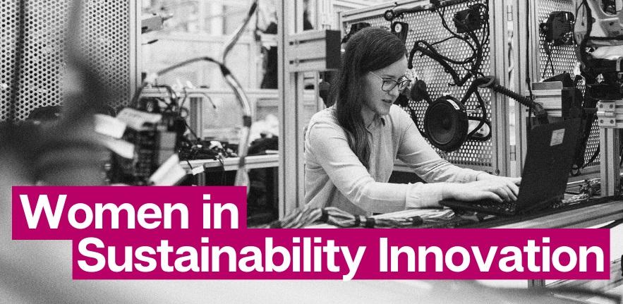 A female software engineer working behind the caption Women in Sustainability Innovation